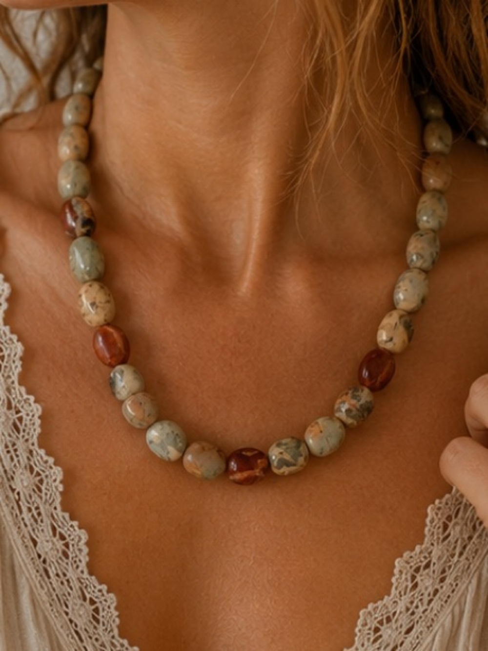 Earth Tone Jasper Beaded Necklace Natural Stone Boho Jewelry